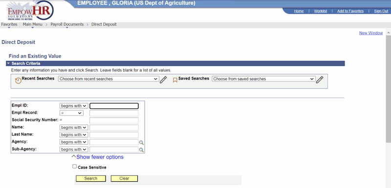 Direct Deposit Page - Find an Existing Value